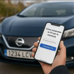 Mano sostiene móvil para consultar la ITV de un coche. ¿Un coche embargado puede pasar la ITV? Averígualo fácilmente.