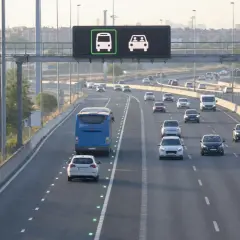 Autopista con señalización de carril bus vao a2. Un autobús azul y varios coches circulan por la carretera.
