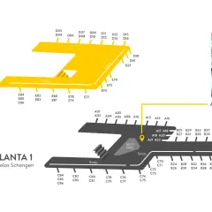 Plano del aeropuerto de Barcelona con indicación de puertas de embarque para vuelos Schengen y no Schengen, y zona de atención al cliente.