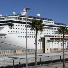 El crucero MSC Armonia atracado en la terminal de cruceros Barcelona, con palmeras y cielo azul.
