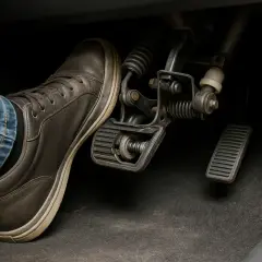 Pie izquierdo presionando el pedal del embrague, que parece haberse quedado abajo. El pedal del acelerador está a la derecha.