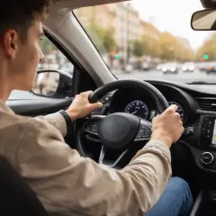 Joven conductor novel, con las manos en el volante, navega por la ciudad. ¿Cuántos puntos tiene un conductor novel?