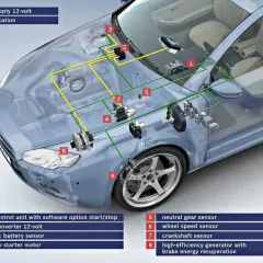 Diagrama del sistema start stop de un coche, mostrando la unidad de control del motor (1), el motor de arranque (4) y otros componentes.