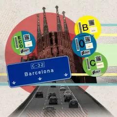 Pegatinas DGT en Barcelona, indicando la prohibición de coches gasolina y la transición a vehículos más limpios.
