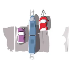 Ilustración muestra situaciones de tráfico, incluyendo un accidente y un tren. Se ilustra cuándo se puede adelantar por la derecha.