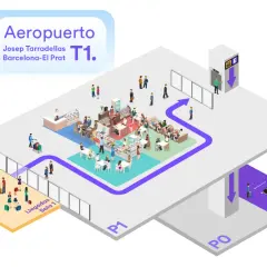 Plano del parking del aeropuerto Barcelona T1. Muestra zonas de llegadas, cafeterías y módulos de aparcamiento.