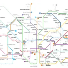 Mapa del metro de Barcelona con líneas de colores y nombres de estaciones.