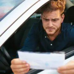 Hombre preocupado en su coche, mirando un papel que podría ser una multa. Se pregunta cuánto tarda en llegar una multa.