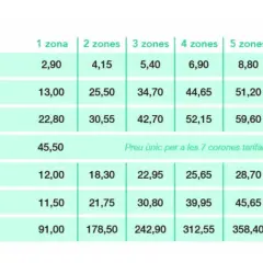 Tabla de precios de transporte público. El T-casual, para viajes ocasionales, tiene un precio que varía según las zonas.