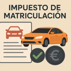 Documento con coche rojo, coche naranja, marca de verificación y moneda de euro. El impuesto matriculacion coche es un trámite importante.