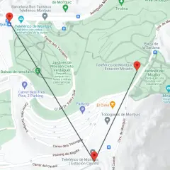 Mapa del teleférico de Montjuïc en Barcelona, mostrando estaciones y puntos de interés como el Parc de Montjuïc y jardines.