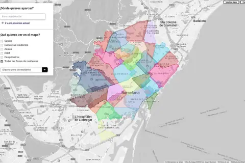 Mapa de Barcelona con zonas de aparcamiento. Se visualizan diferentes distritos y zonas de residentes, incluyendo la zona amarilla.