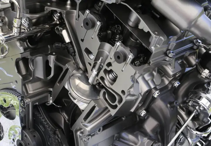 Corte de un motor atmosférico mostrando pistón, bujía y válvulas.