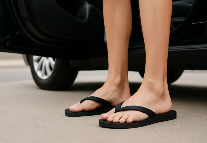 Piernas de persona saliendo de un coche, con chanclas puestas. ¿Se puede conducir con chanclas?