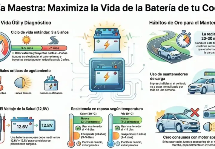 Guía sobre cuanto dura una batería de coche: vida útil estándar 3-5 años, pero calor y trayectos cortos la reducen. Señales de agotamiento y consejos de mantenimiento.