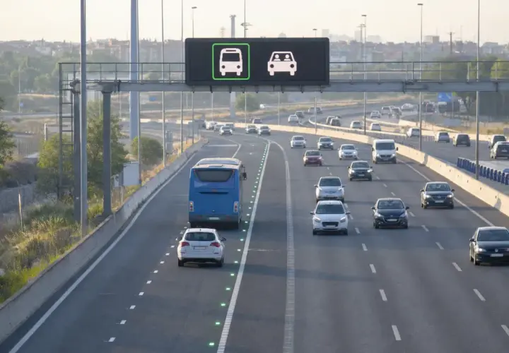 Autopista con señalización de carril bus vao a2. Un autobús azul y varios coches circulan por la carretera.