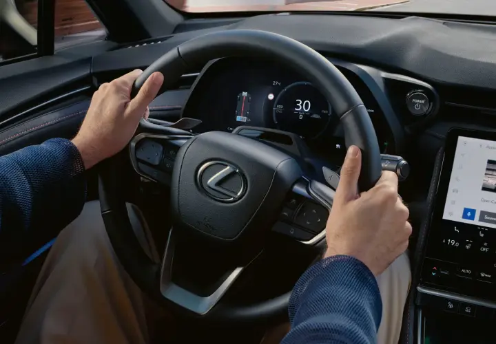 Manos al volante de un Lexus, el velocímetro marca 30 km/h. Espero que mi coche vibra a partir de 100 no sea un problema.