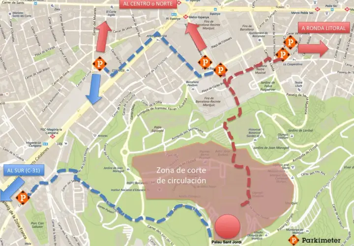 Mapa de aparcamiento cerca del Palau Sant Jordi. Rutas y zonas de circulación.