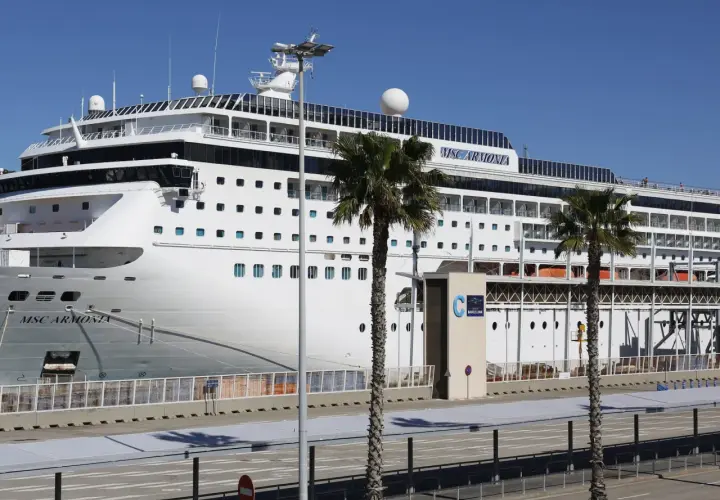 El crucero MSC Armonia atracado en la terminal de cruceros Barcelona, con palmeras y cielo azul.