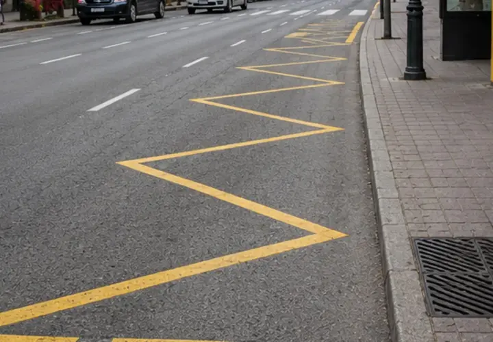 Zigzag amarillo en la carretera, parte de las marcas viales, indica una zona de prohibición de estacionamiento.