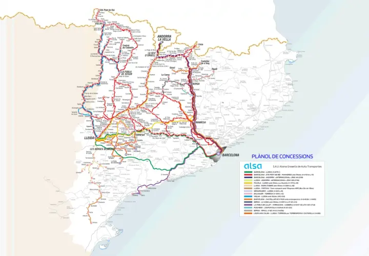 Mapa de concessions d'autobusos de S.A.U. Alsina Graells a Barcelona i rodalies, amb rutes cap a Lleida, Andorra i altres poblacions.