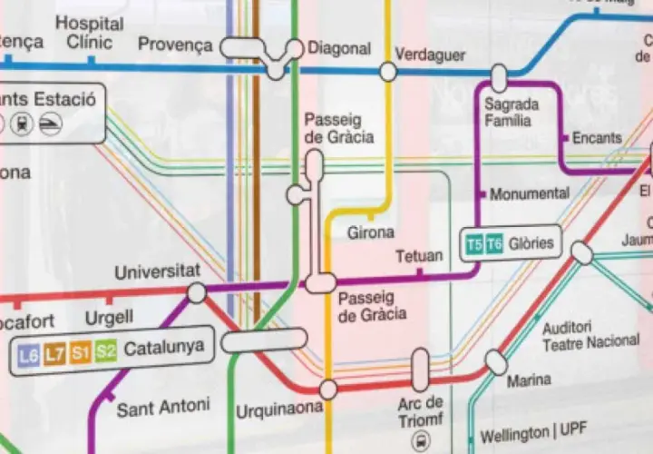 Mapa del metro de Barcelona, mostrando la estación Sants Estació y otras paradas clave como Catalunya y Passeig de Gràcia.