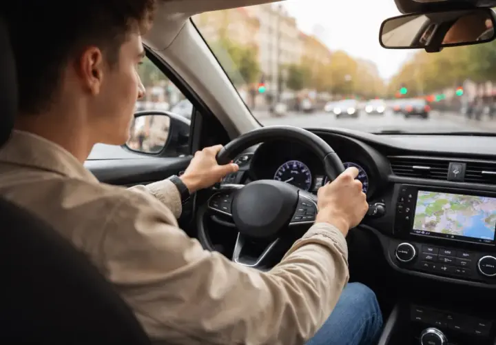 Joven conductor novel, con las manos en el volante, navega por la ciudad. ¿Cuántos puntos tiene un conductor novel?