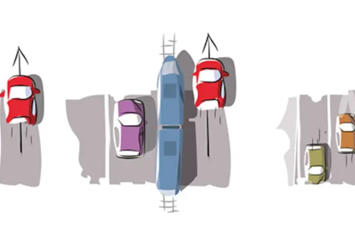 Ilustración muestra situaciones de tráfico, incluyendo un accidente y un tren. Se ilustra cuándo se puede adelantar por la derecha.