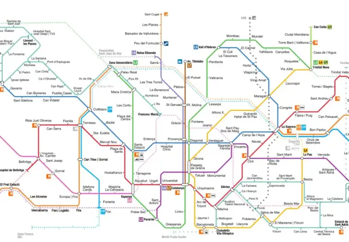 Mapa del metro de Barcelona con líneas de colores y nombres de estaciones.