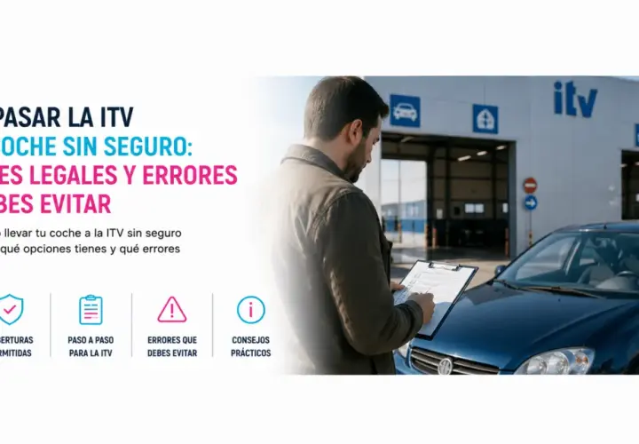 Hombre revisa papeleo frente a un coche azul en una estación ITV. Aprende cómo se puede pasar la ITV sin seguro, opciones legales y errores a evitar.