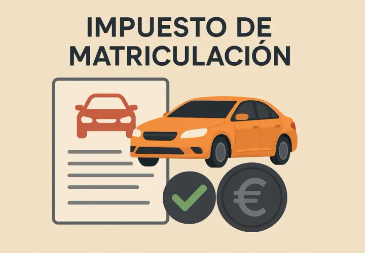 Documento con coche rojo, coche naranja, marca de verificación y moneda de euro. El impuesto matriculacion coche es un trámite importante.
