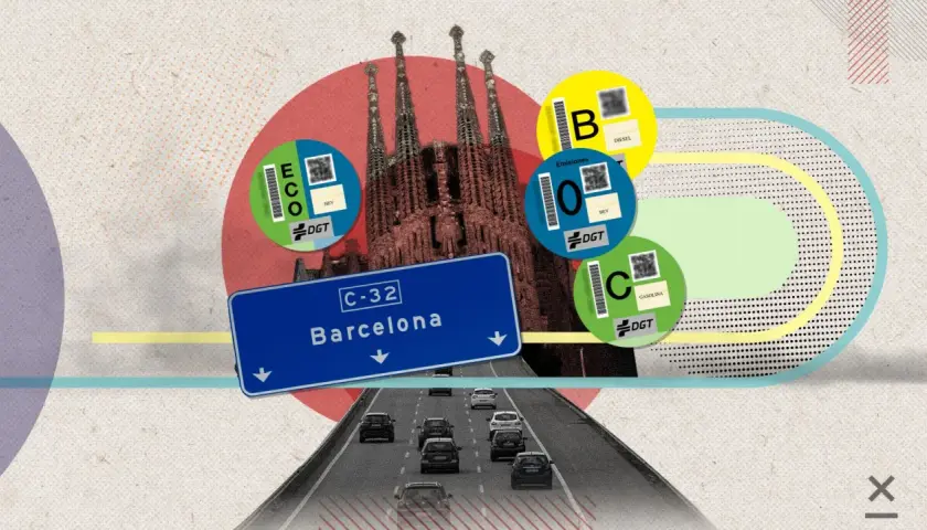 Pegatinas de emisiones DGT para circular en Barcelona, con la Sagrada Familia de fondo y una autopista.