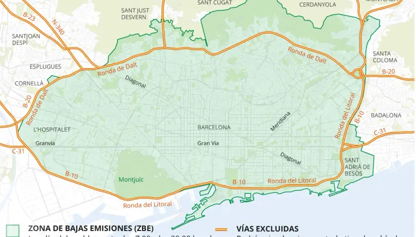Mapa de Barcelona que muestra la Zona de Bajas Emisiones (ZBE) y las vías excluidas.