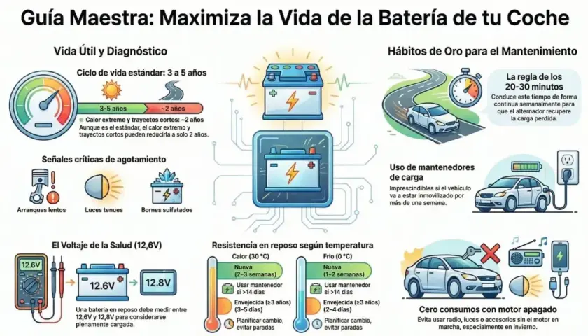 Guía sobre cuanto dura una batería de coche: vida útil estándar 3-5 años, pero calor y trayectos cortos la reducen. Señales de agotamiento y consejos de mantenimiento.