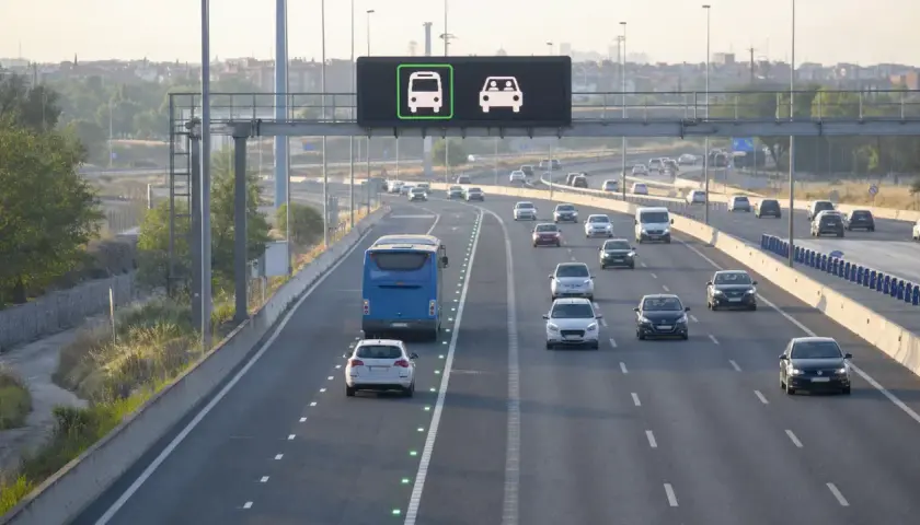 Autopista con señalización de carril bus vao a2. Un autobús azul y varios coches circulan por la carretera.