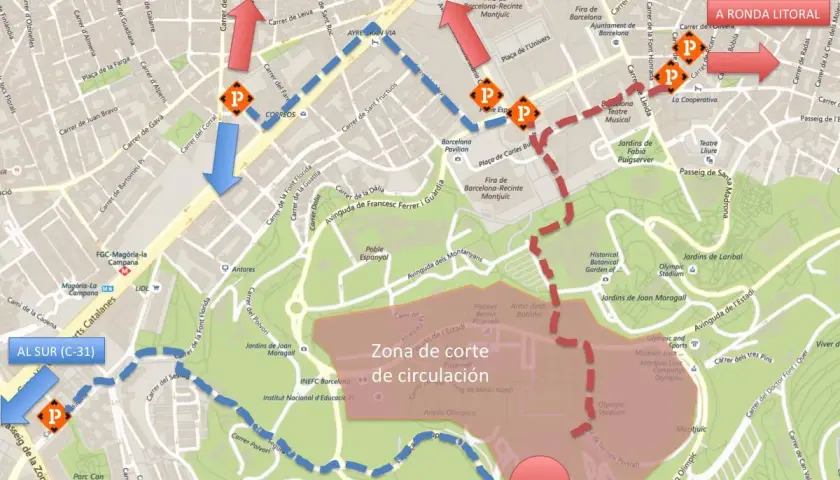 Mapa de aparcamiento cerca del Palau Sant Jordi. Rutas y zonas de circulación.