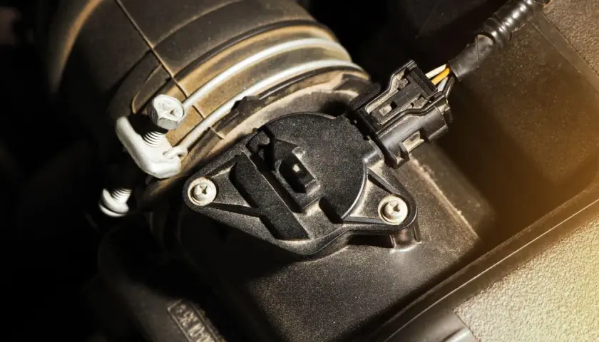 Sensor map de un coche, con un conector negro y cables amarillos y blancos.