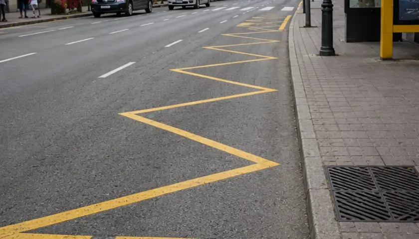 Zigzag amarillo en la carretera, parte de las marcas viales, indica una zona de prohibición de estacionamiento.