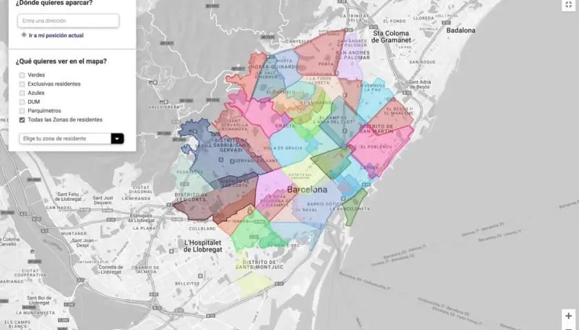 Mapa de Barcelona con zonas de aparcamiento. Se visualizan diferentes distritos y zonas de residentes, incluyendo la zona amarilla.