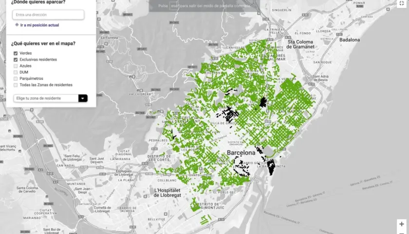 Mapa de Barcelona con zonas verdes y exclusivas para residentes. Busca tu parking en Barcelona.