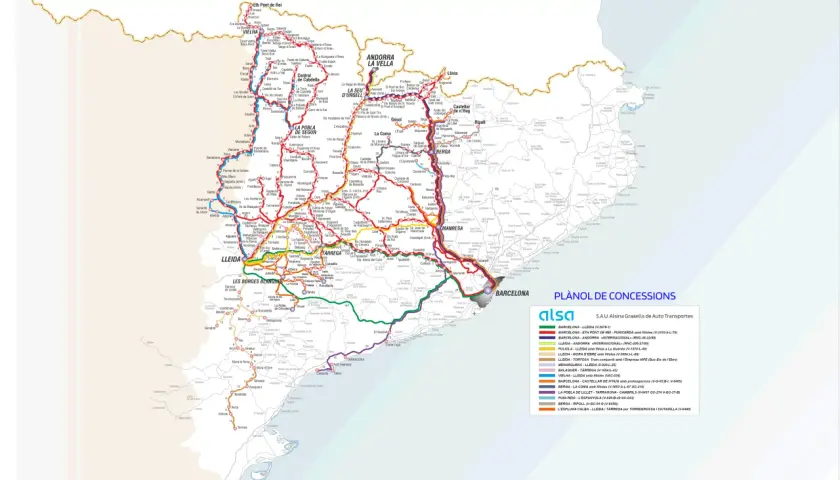 Mapa de concessions d'autobusos de S.A.U. Alsina Graells a Barcelona i rodalies, amb rutes cap a Lleida, Andorra i altres poblacions.