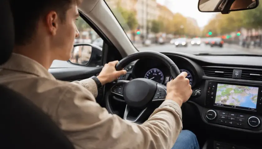 Joven conductor novel, con las manos en el volante, navega por la ciudad. ¿Cuántos puntos tiene un conductor novel?
