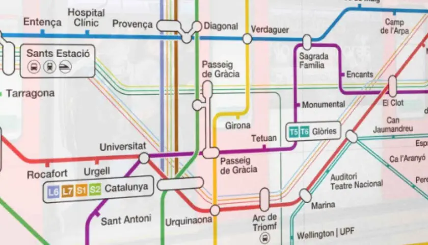 Mapa del metro de Barcelona con estaciones como Sants Estació, Catalunya y Sagrada Familia. Ideal para planificar tu viaje, como si fuera el barcelona hauptbahnhof.