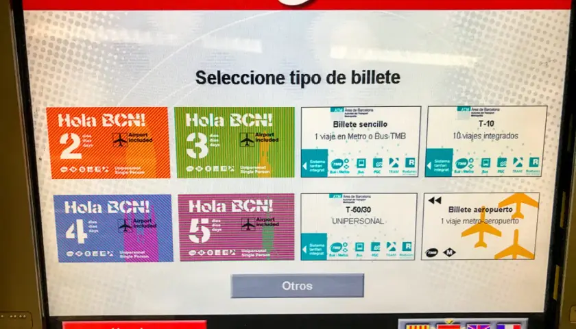 Máquina expendedora de billetes de transporte en Barcelona. Opciones: "Hola BCN!" (2, 3, 4, 5 días), billete sencillo, T-10, T-50/30 y billete aeropuerto.