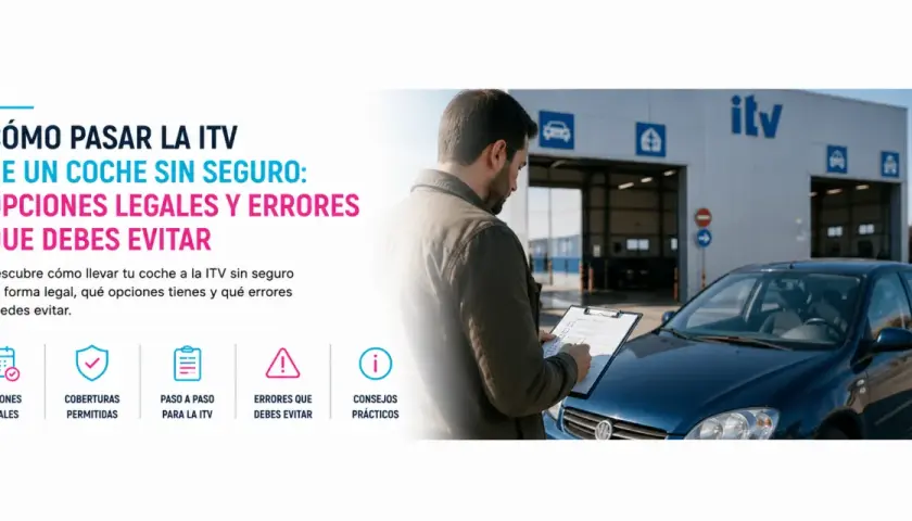 Hombre revisa papeleo frente a un coche azul en una estación ITV. Aprende cómo se puede pasar la ITV sin seguro, opciones legales y errores a evitar.