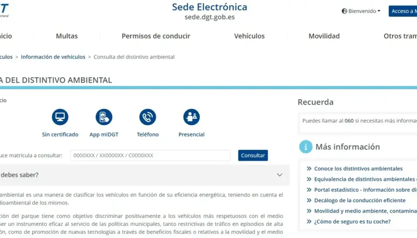 Consulta la etiqueta que tiene tu coche en la Sede Electrónica de la DGT. Introduce la matrícula para saber su distintivo ambiental.