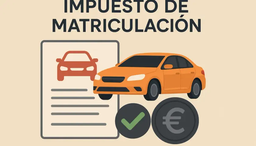 Documento con coche rojo, coche naranja, marca de verificación y moneda de euro. El impuesto matriculacion coche es un trámite importante.