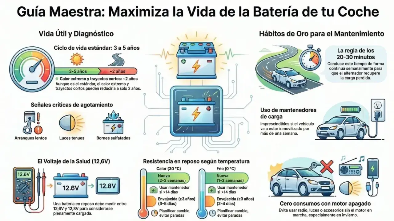 Guía sobre cuanto dura una batería de coche: vida útil estándar 3-5 años, pero calor y trayectos cortos la reducen. Señales de agotamiento y consejos de mantenimiento.