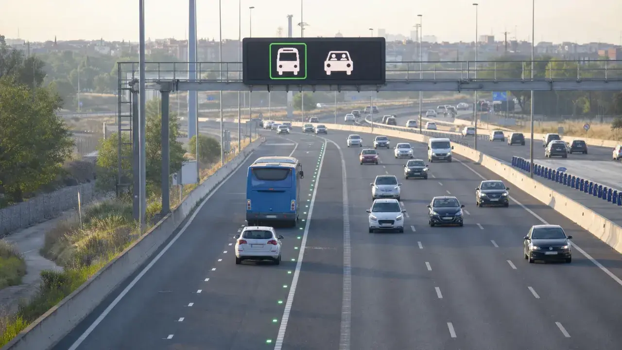Autopista con señalización de carril bus vao a2. Un autobús azul y varios coches circulan por la carretera.