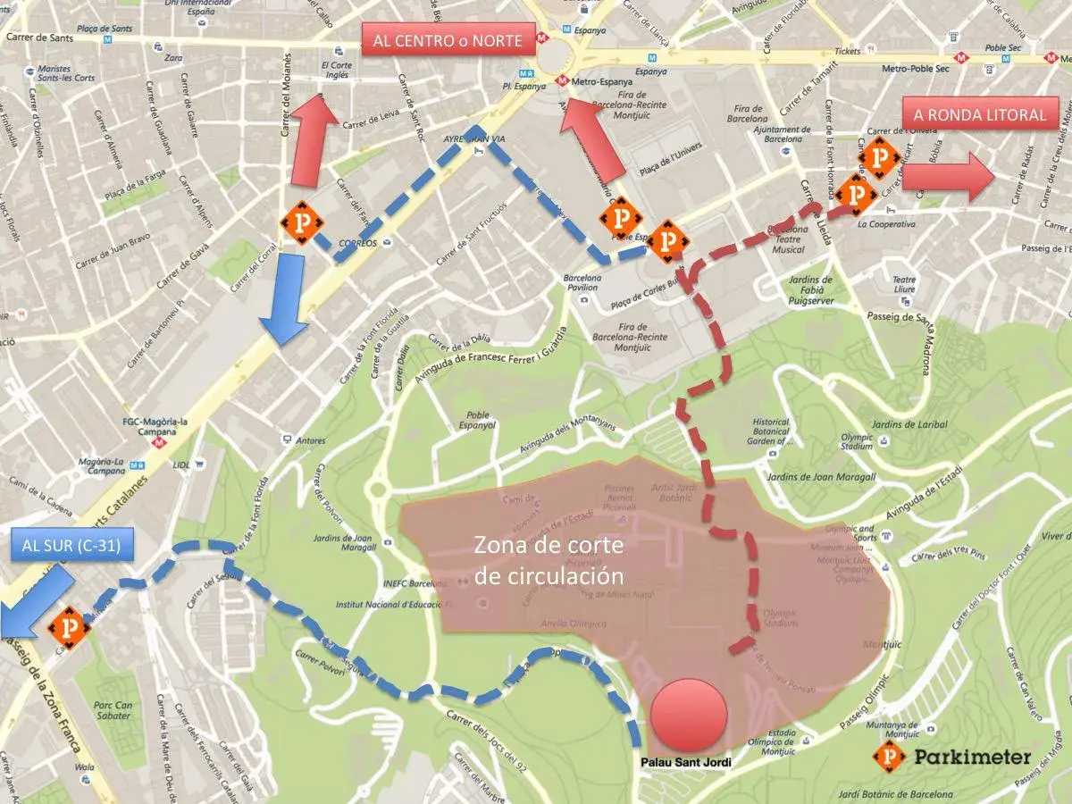 Mapa de aparcamiento cerca del Palau Sant Jordi. Rutas y zonas de circulación.